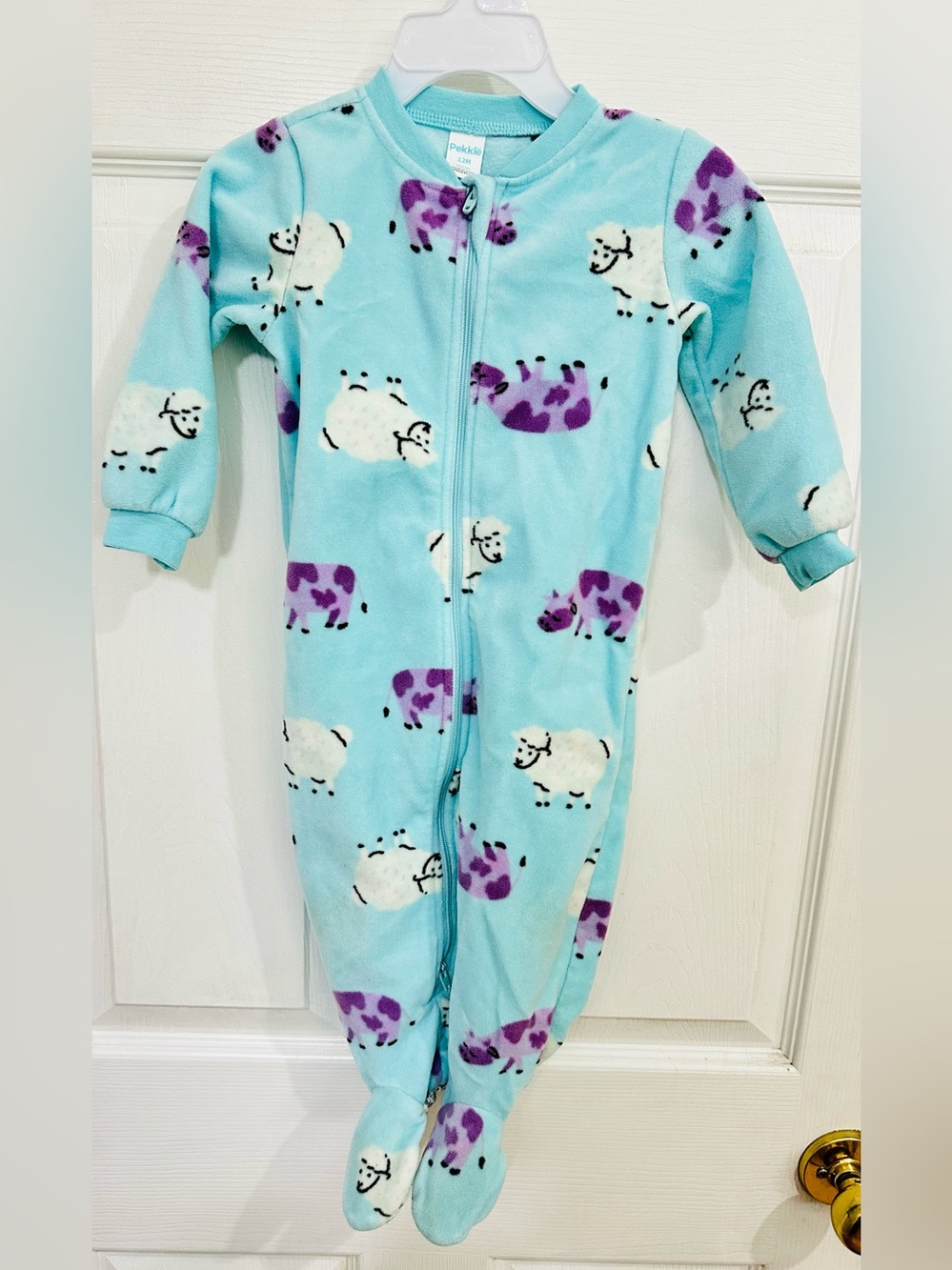 Children's Aqua Fleece Footed One-Piece with Sheep Print